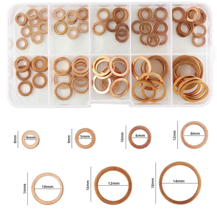 100 Copper Washer Gasket Nut And Bolt Set Flat Ring Seal Assortment Kit (100pcs)