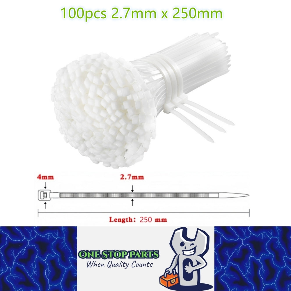 100 x 250mm White Cable ties 2.7mm x 250mm White Plastic Nylon Ties (100pcs)
