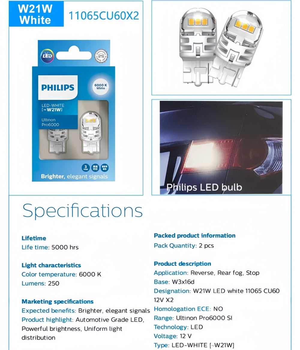 2 x Philips T20 7440 White LED Globes 12V 6000K Philips 7440 LED Reverse Light