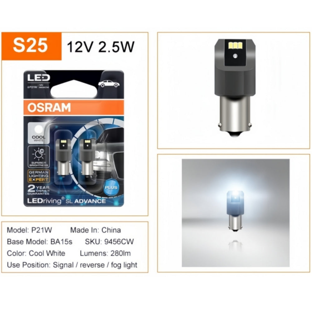 2 x OSRAM 1156 BA15S Cool White LED Globes 12V P21W Signal Light Reverse Lamp