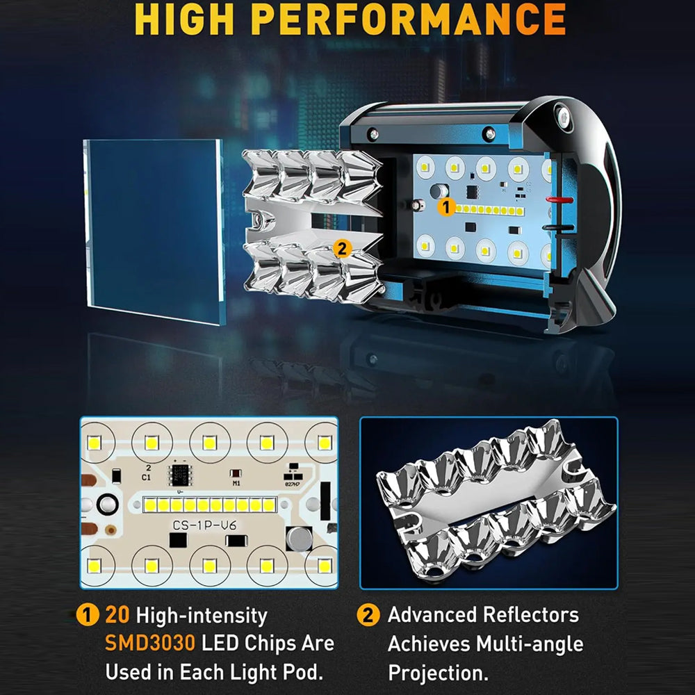 2x Yellow LED Light Bar 30W 102x80mm Flood Spot Beam LED Work Light with Harness