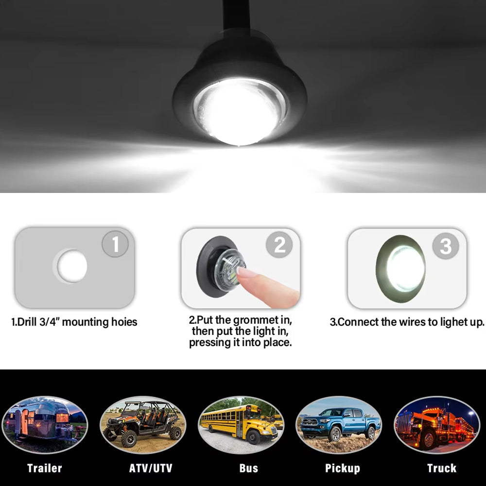 50 x White Round LED Front Marker Lamps 1.91CM 3LED 12V LED Front Marker Lights