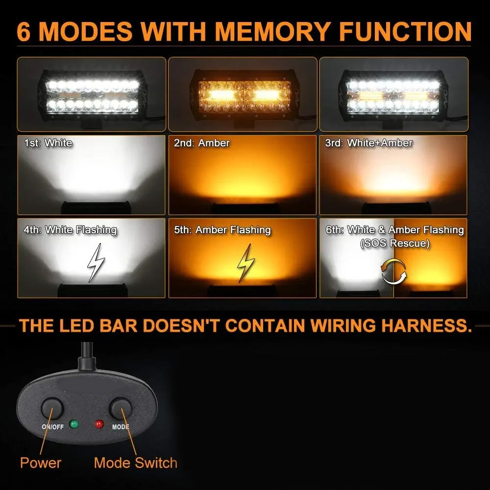 2 x White/Amber LED Light Bar 6 Modes 120W 178x80mm LED Work Light with Harness