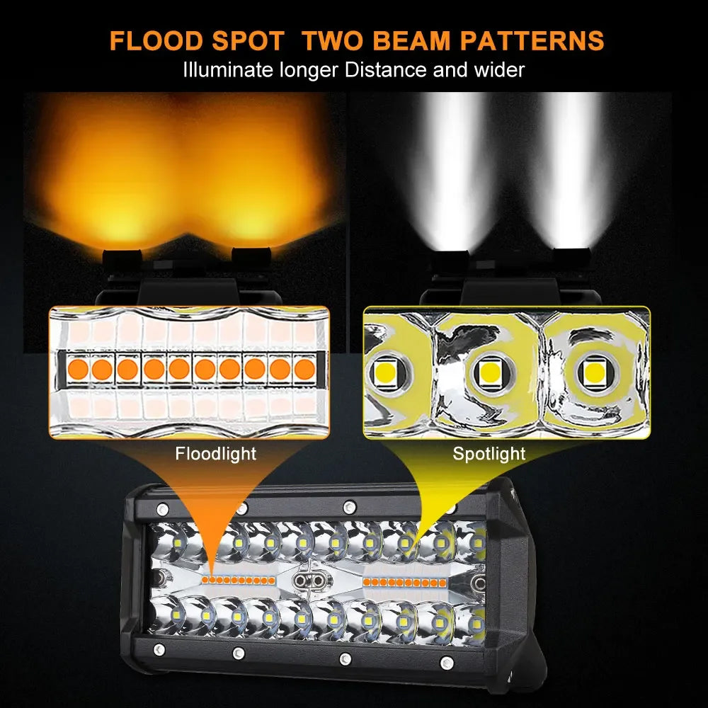2 x White/Amber LED Light Bar 6 Modes 120W 178x80mm LED Work Light with Harness