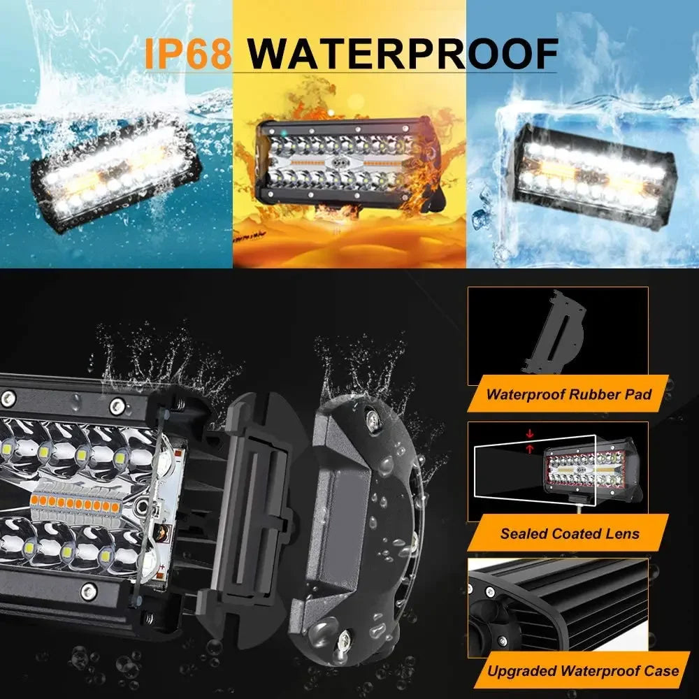 2 x White/Amber LED Light Bar 6 Modes 120W 178x80mm LED Work Light with Harness