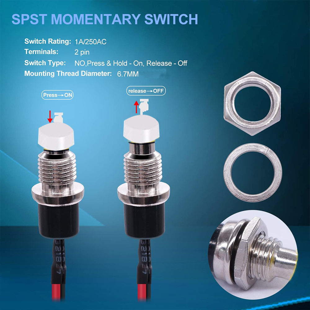 5 x White Push Button Switches 7mm ON/OFF SPST Panel Mount Switches 20cm Wire