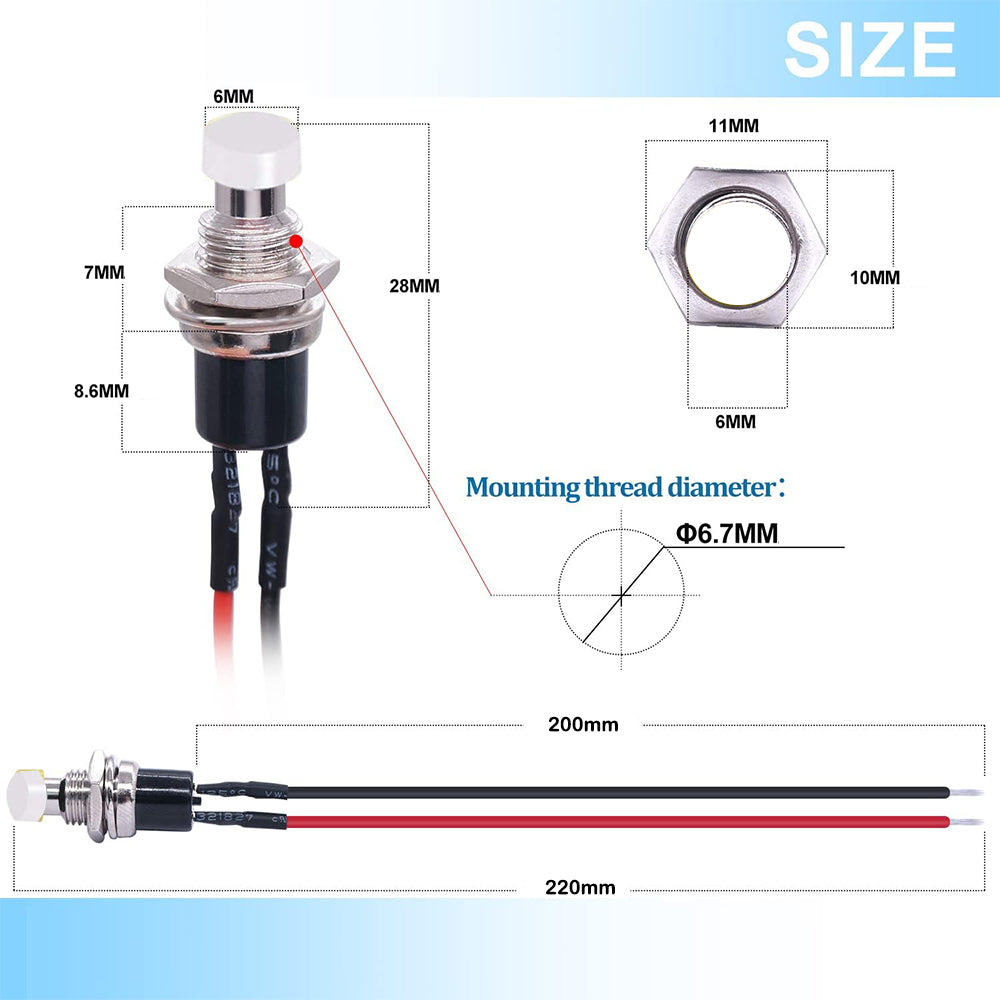 5 x White Push Button Switches 7mm ON/OFF SPST Panel Mount Switches 20cm Wire