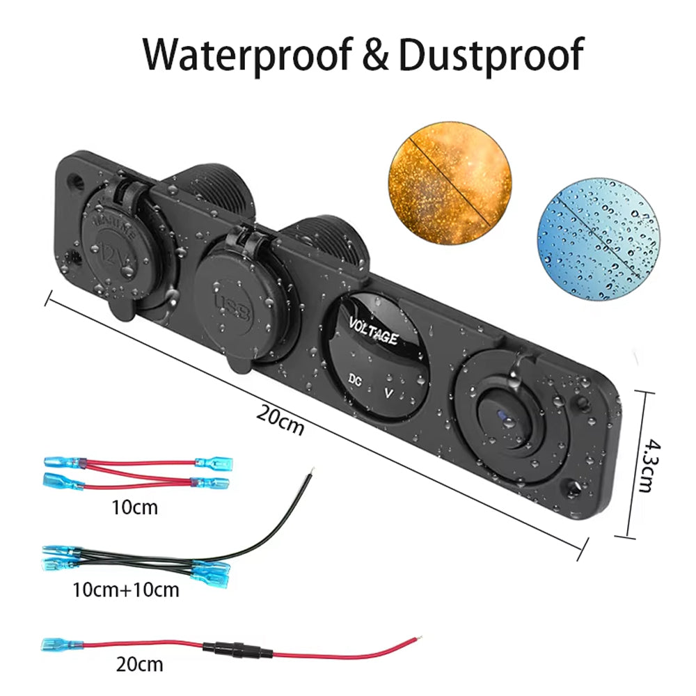 4 in1 Red LED Switch Panel 12V Dual USB Charger Voltmeter Power Socket with Wire