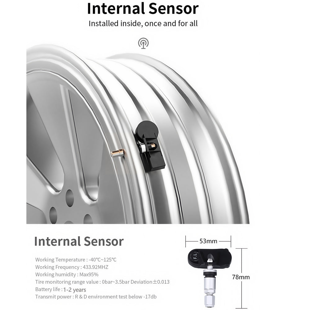 Tyre Pressure Monitor System TPMS Solar USB Car Tire Alarm 4 Internal Sensors