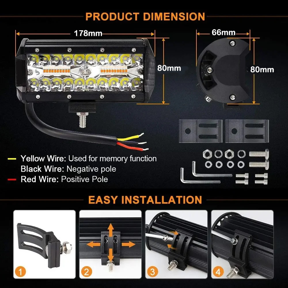 2 x White/Amber LED Light Bar 6 Modes 120W 178x80mm LED Work Light with Harness