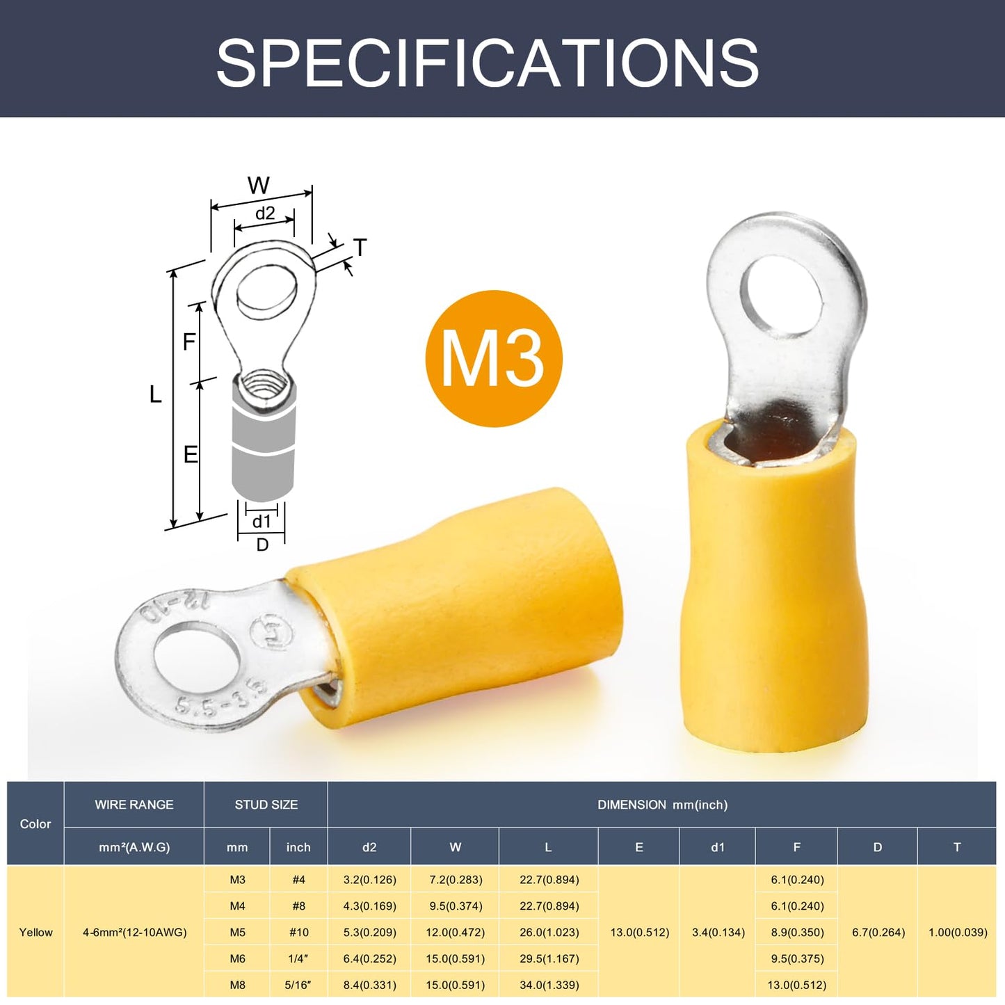 50 x Yellow Ring Terminals M3 RV5-3 Ring Crimp Terminal 12-10AWG Wire Connector
