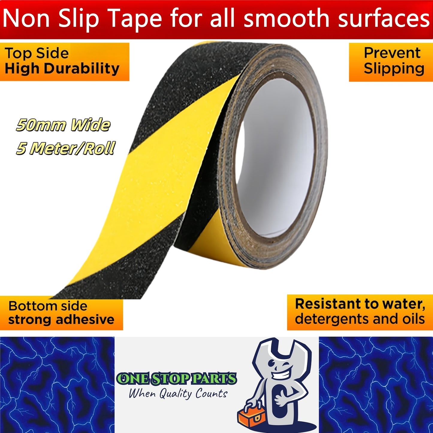 Non Slip Tape 50mm Wide x 5 Meter Roll Yellow/Black Safety Anti Slip Tape 5M