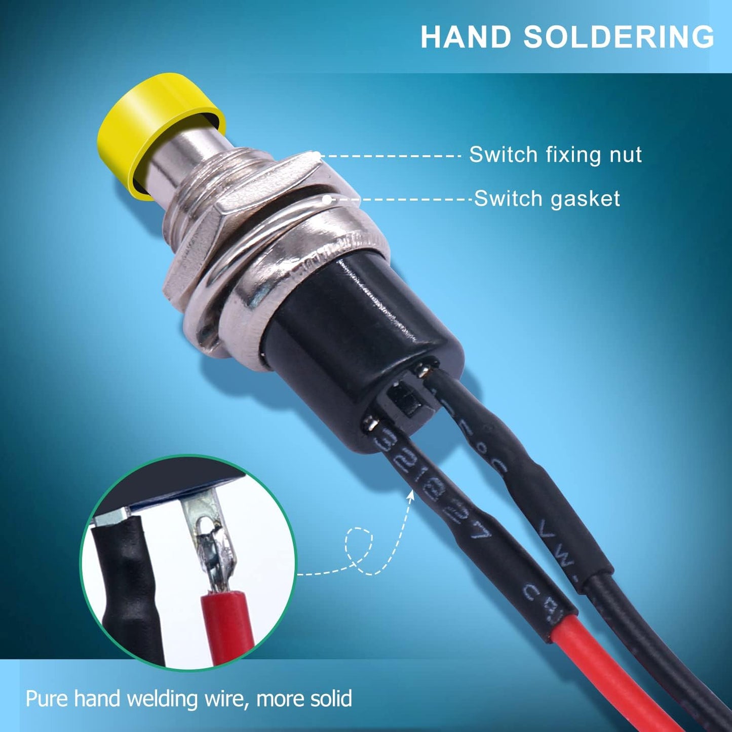 5 x Yellow Push Button Switches 7mm ON/OFF SPST Panel Mount Switches 20cm Wire