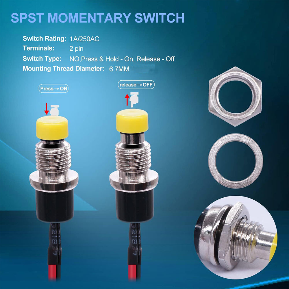 5 x Yellow Push Button Switches 7mm ON/OFF SPST Panel Mount Switches 20cm Wire