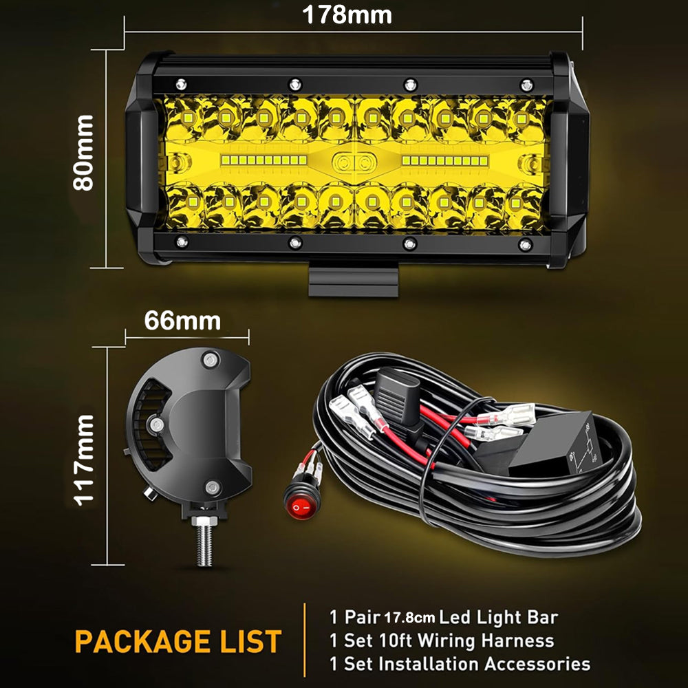 2 x Yellow LED Light Bar 120W 178x80mm Flood Spot LED Work Light with Harness