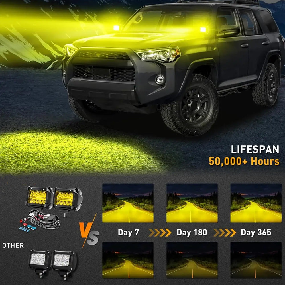 2x Yellow LED Light Bar 30W 102x80mm Flood Spot Beam LED Work Light with Harness