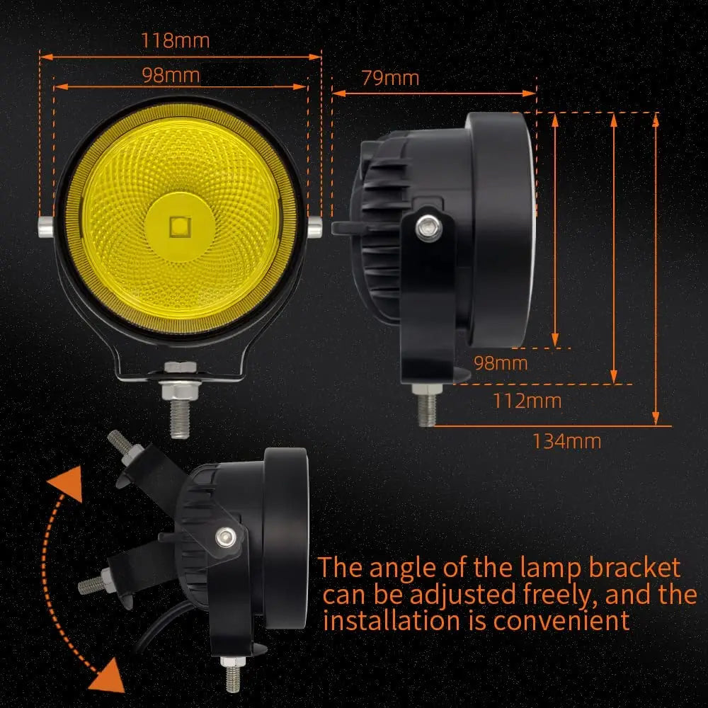 2 x Yellow LED Work Lights Round Lamps 60W 98mm 12V-24V Spot Beam LED Spotlights