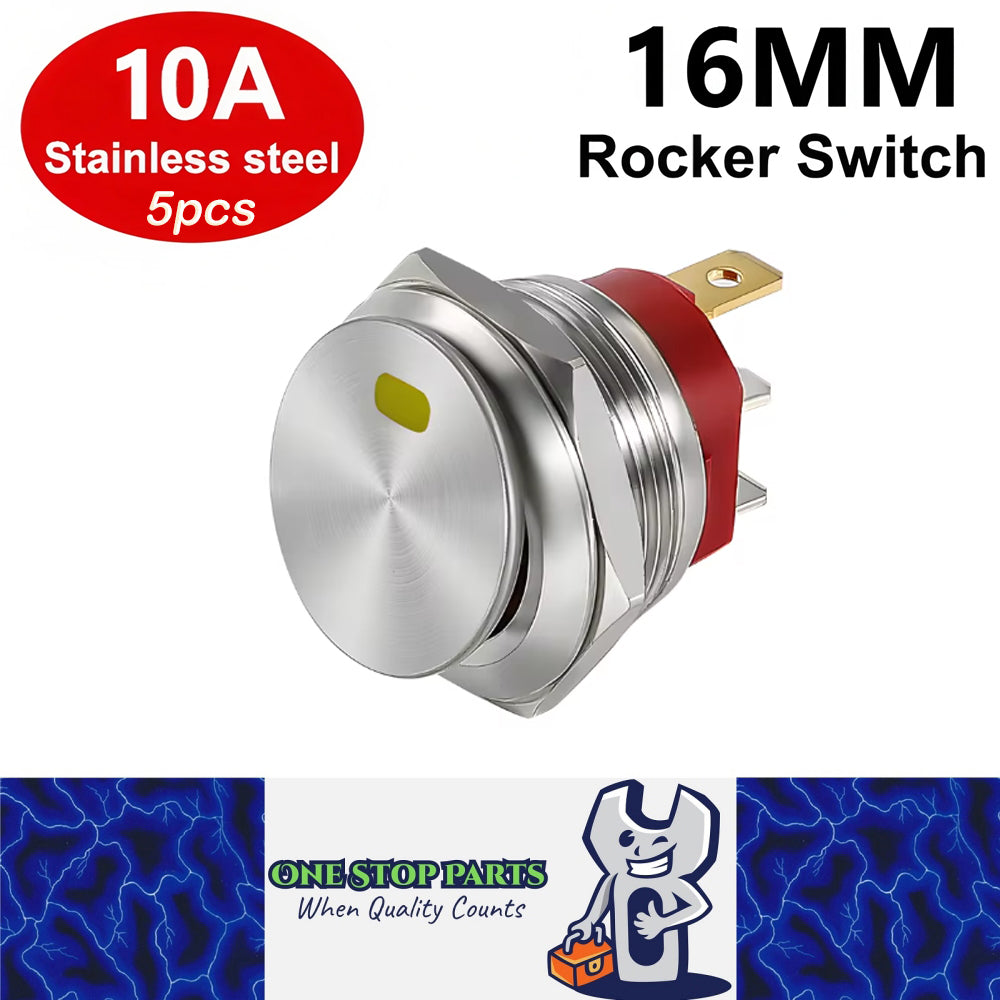 5 x Yellow LED 16mm Metal Rocker Switch 12-24V 10A 3Pin ON/OFF Self-Locking