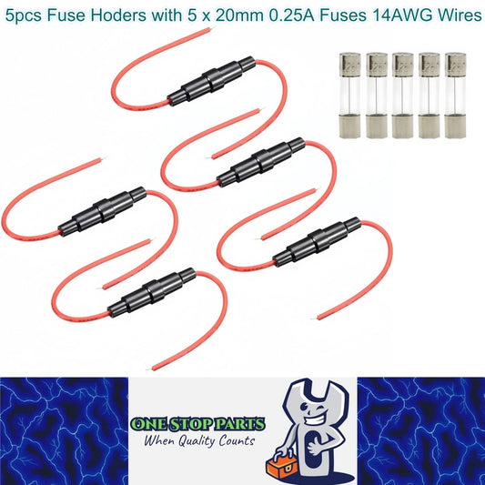 5 x Inline Glass Fuse Holders with 5mm x 20mm Long 0.25A Glass Fuses 14 AWG Wire