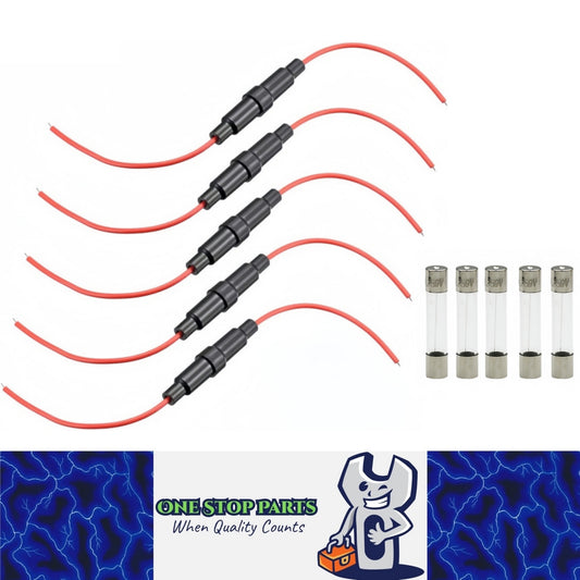 5 x Inline Glass Fuse Holders with 6mm x 30mm Long  Glass Fuses 22 AWG Wires