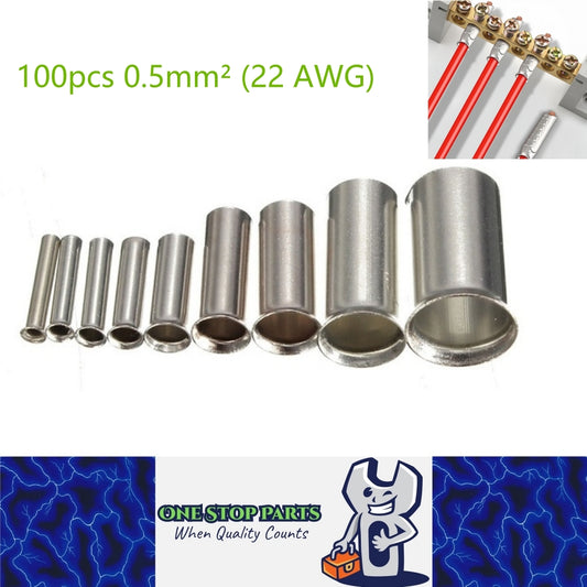 100 x 0.5mm² (22 AWG) Copper Tinned Bare wire end Crimp Cable end connection
