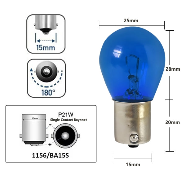 10 x BA15S 12v 21w 1156 P21W Blue Standard filament incandescent globes 10pcs