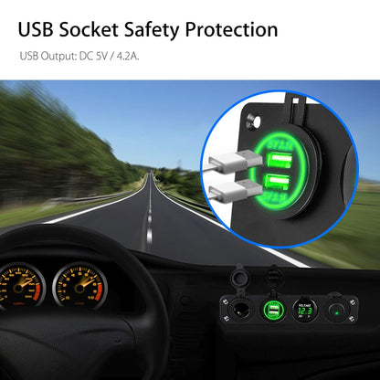 4 in1 Green Switch Panel 12V Dual USB Charger Voltmeter Power Socket with Wire