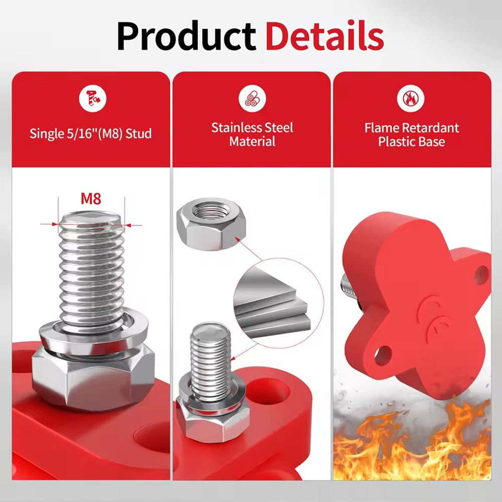 1 Pair M8 Terminal Block Studs 12-48V 250A Junction Power Distribution Block
