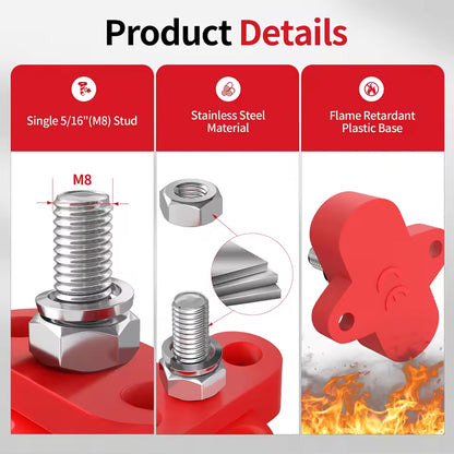 1 Pair M8 Terminal Block Studs 12-48V 250A Junction Power Distribution Block