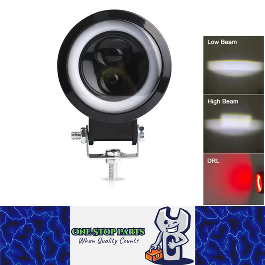 1 x 74mm Round LED Driving Light with High/Low Beam Halo Red DRL 20W Work Light
