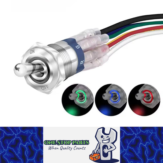 1 x RGB LED Toggle Switch 16mm 12V 24V SPST On/Off IP67 for Car Marine Boat