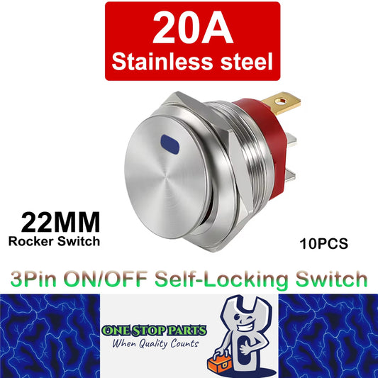 10 x Blue LED 22mm Metal Rocker Switch 12-24V 20A 3Pin ON/OFF Self-LockingSwitch