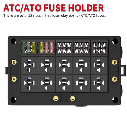 12V Fuse Relay Box 10 Relay Slots 15 ATC/ATO Fuses Holder for Car Truck Marine