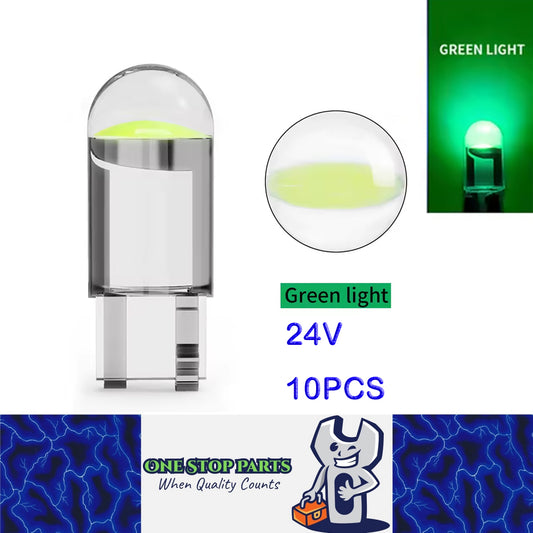 10 X 24V Green T10 Dome Head COB LED Globes Ideal for Dash Lights Parkers