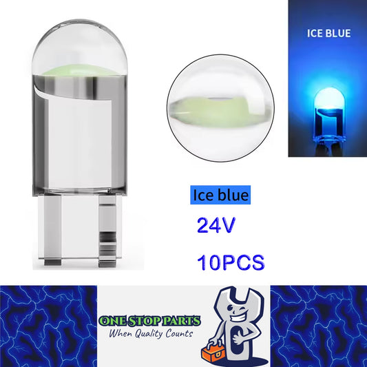 10 X 24V Ice Blue T10 Dome Head COB LED Globes Ideal for Dash Lights Parkers