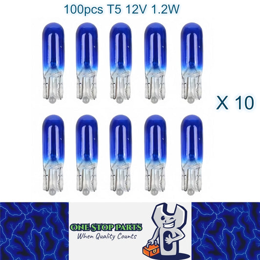 100 x 12V 1.2W T5 Wedge ICE BLUE Globes TYPE T-5mm Dashboard Coated Globes