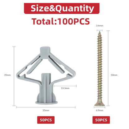100pcs Drywall Anchor Kit 75Lbs Hollow Wall Anchor Plasterboard Plug with Screw