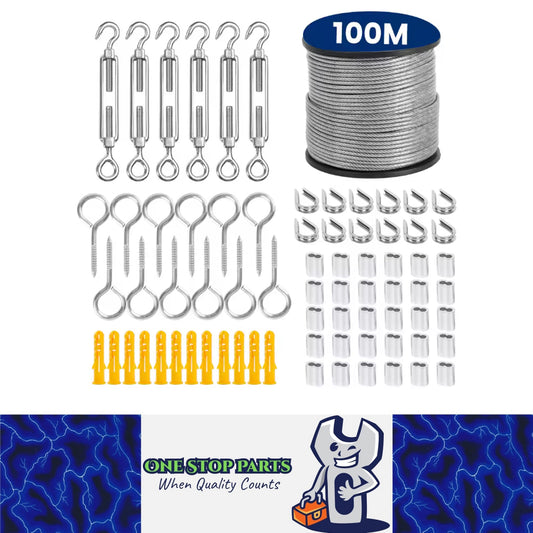 100m x 2mm PVC Coated 304 Stainless Steel Cable Kit with 72 Accessories WireRope