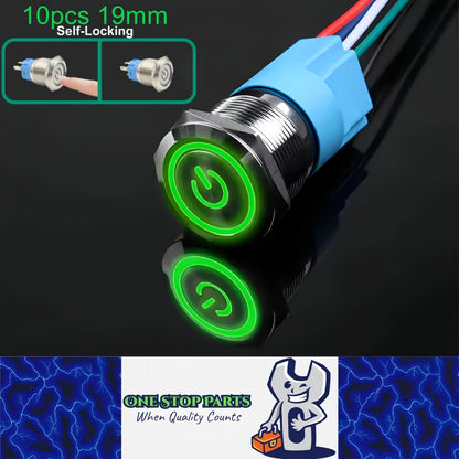 10 x 19mm Metal Push Button Switch Green LED 12-24V PreWired Self-Locking Switch