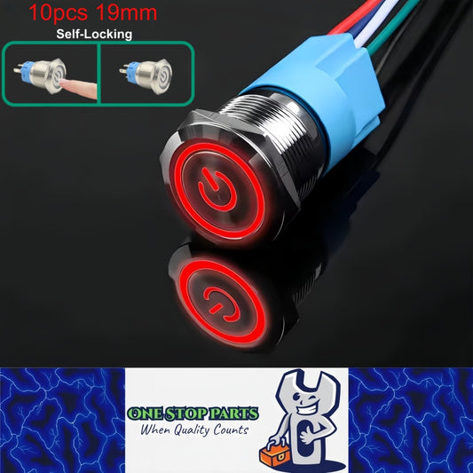 10 x 19mm Metal Push Button Switch Red LED 12V-24V Pre-Wired Self-Locking Switch