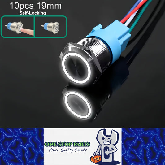 10x White LED 19mm Metal Push Button Switch 12-24V Pre-Wired Self-Locking Switch