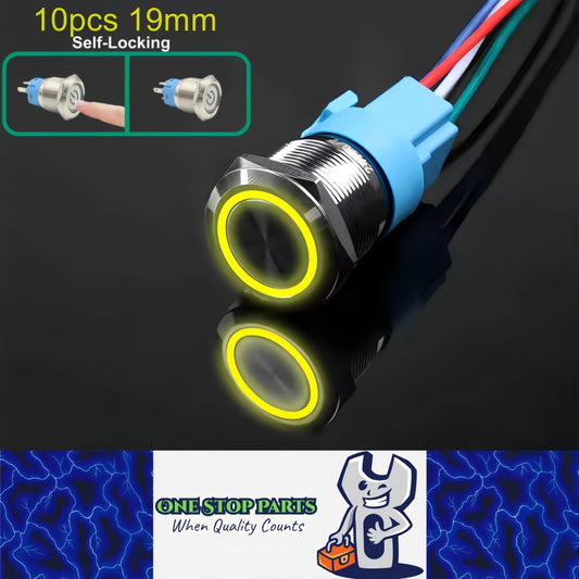 10x Yellow LED 19mm Metal Push Button Switch 12-24V PreWired Self-Locking Switch