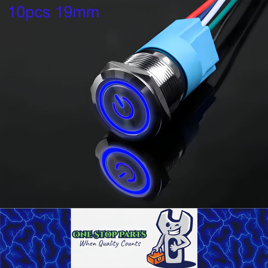 10 x 19mm Metal Push Button Switch Blue LED 12V-24V Pre-Wired Self-Rest Switch