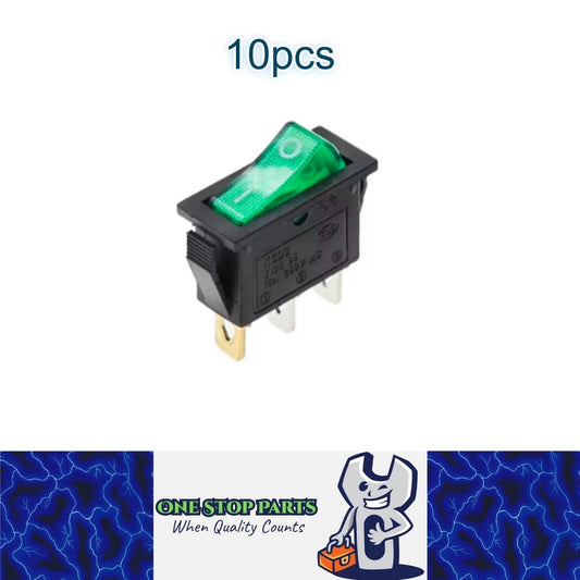 10 x Green Rocker Switches 31x14mm ON/OFF 3 Pin SPST KCD3 Switch Green LED Light