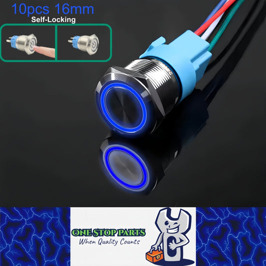 10 x Blue LED 16mm Metal Push Button Switch 12V-24V PreWired Self-Locking Switch