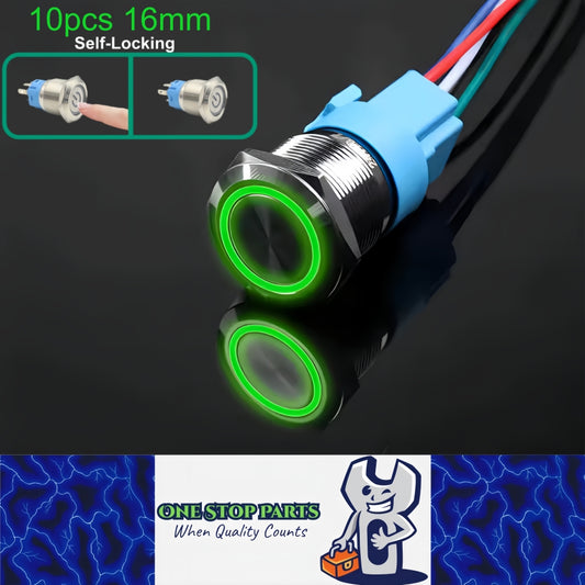 10 x 16mm Metal Push Button Switch Green LED 12-24V PreWired Self-Locking Switch