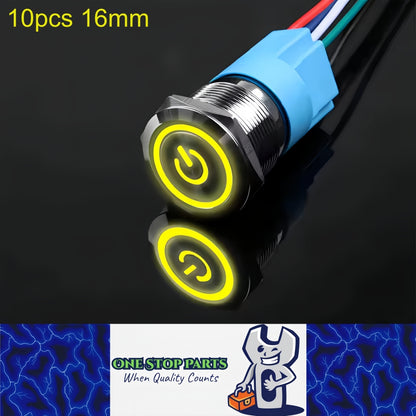10 x 16mm Metal Push Button Switch Yellow LED 12V-24V Pre-Wired Self-Rest Switch