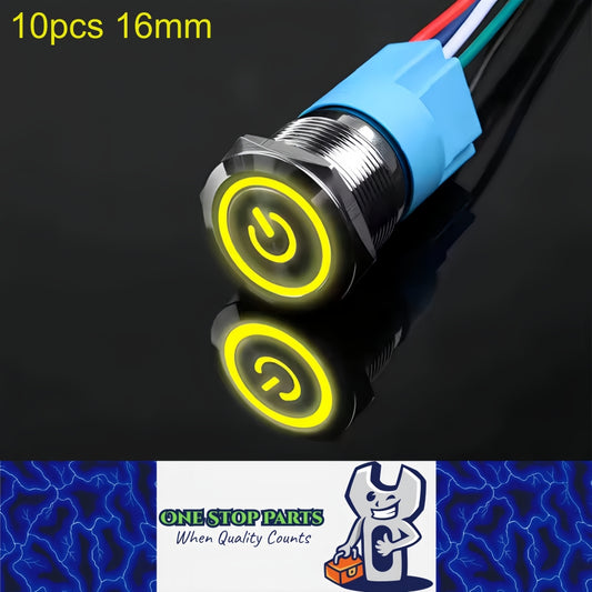 10 x 16mm Metal Push Button Switch Yellow LED 12V-24V Pre-Wired Self-Rest Switch