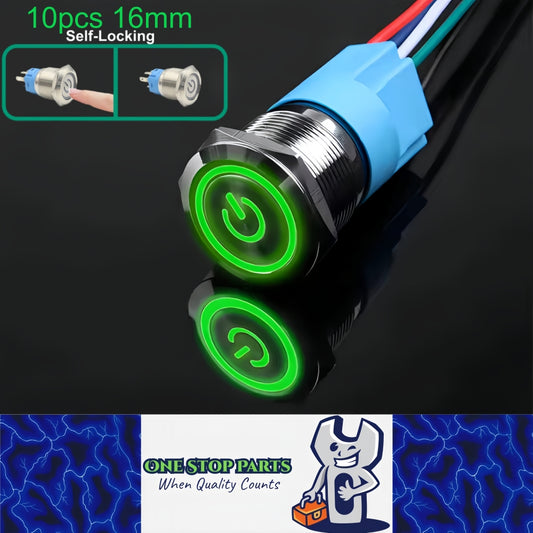 10 x 16mm Metal Push Button Switch Green LED 12-24V PreWired Self-Locking Switch