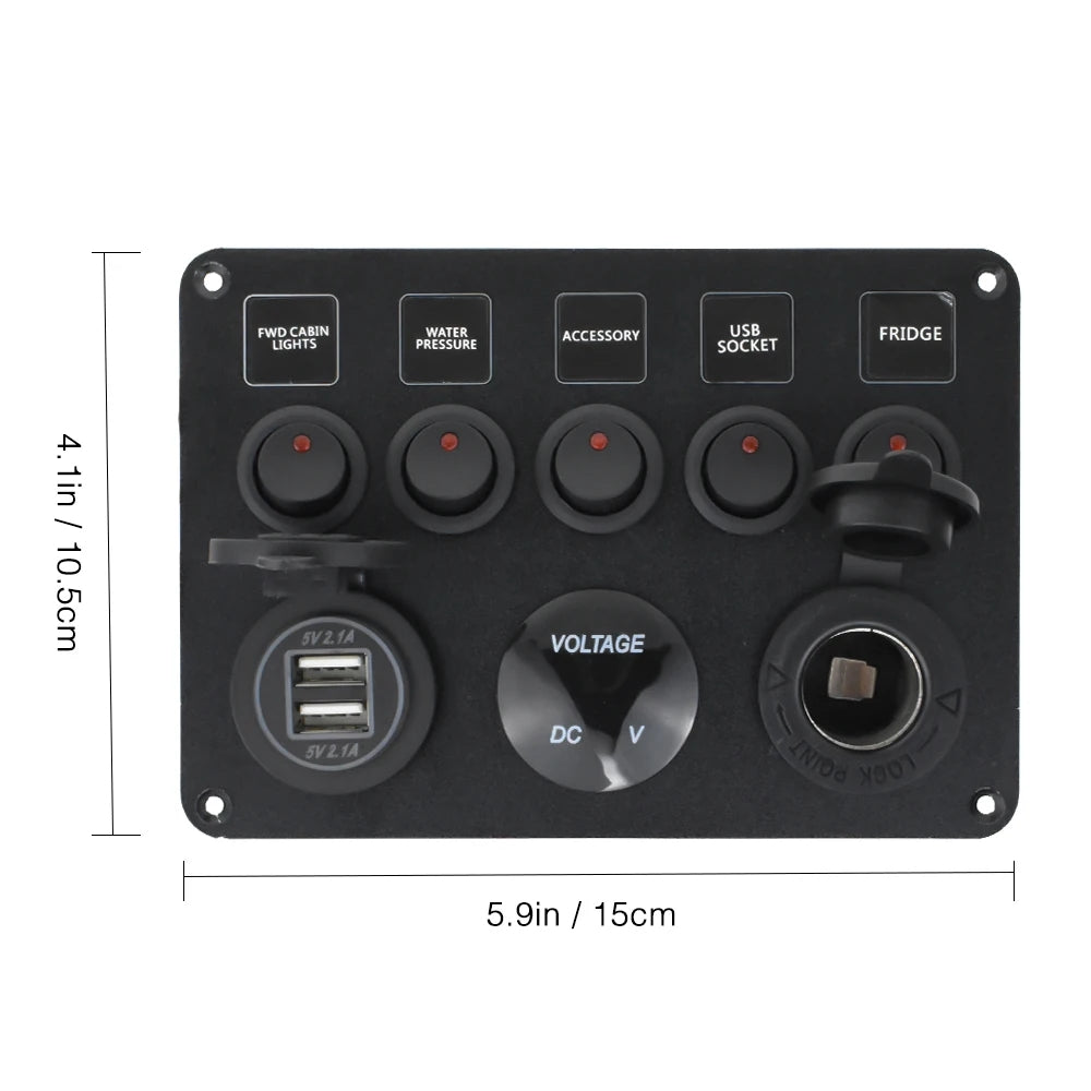 12-24V Red 5 Switch Panel Volt USB Port 12V Outlet Combination Marine LED Rocker